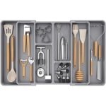 xtra Grote Keukengerei Lade Organizer - Uitbreidbaar tot 36 Inch - Verstelbare Zilverwerk Bestekhouder - Plastic Spatel Kookgerei en Gadgets Opbergvak - Grijs