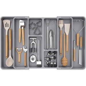 xtra Grote Keukengerei Lade Organizer - Uitbreidbaar tot 36 Inch - Verstelbare Zilverwerk Bestekhouder - Plastic Spatel Kookgerei en Gadgets Opbergvak - Grijs