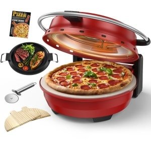 2-in-1 Elektrische Pizzaoven - 4 Min Pizza, Grillplaat, 5 Temperatuurniveaus, 32cm Pizzasteen, Max. 400°C, 1500W, Rood, Voor Thuis & Keuken