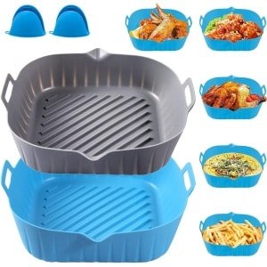2 stuks siliconen pot voor airfryer 22 cm - herbruikbare anti-aanbaklaag matten - oven airfryer-accessoires - keuken thuis - blauw + grijs