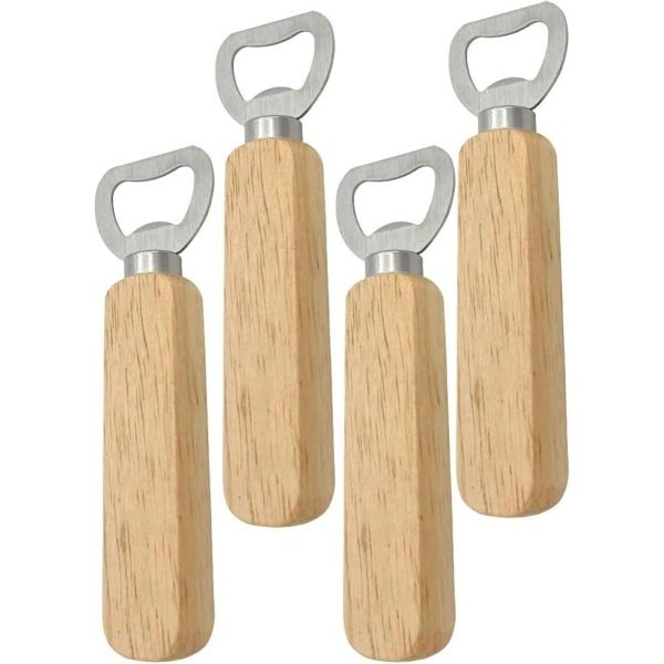 Allecto plus - 4 stuks houten flessenopeners van roestvrijstaal - Keuken en Bar accessoires - Handig voor camping - Natuurlijke houtkleur