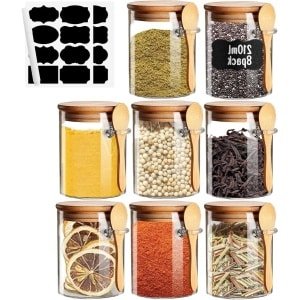 Allecto plus - Glazen Potten met Luchtdichte Deksel en Lepel voor Kruiden - 8 oz - Keuken Accessoires voor Voedselopslag met Etiketten
