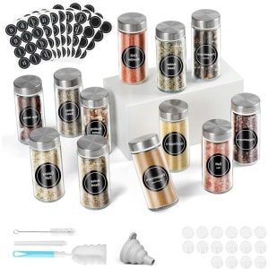 Allecto plus - Glazen kruidenpotjes set voor de keuken, 12 stuks met deksel en accessoires