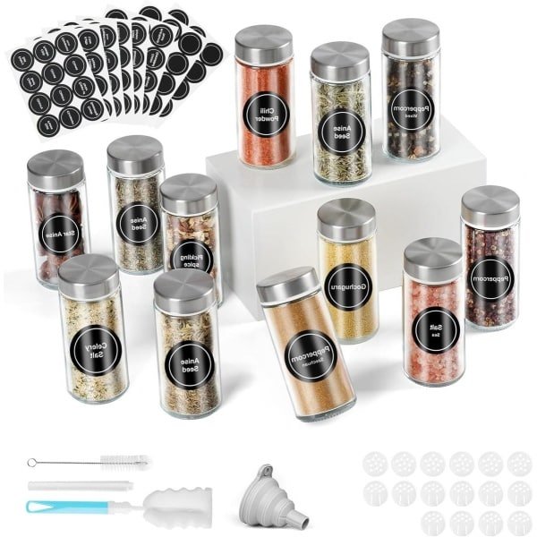 Allecto plus - Glazen kruidenpotjes set voor de keuken, 12 stuks met deksel en accessoires