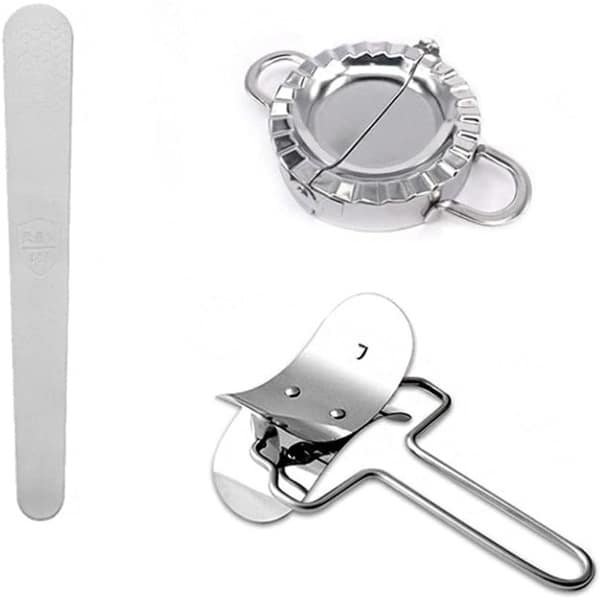 Allecto plus - Keuken Accessoires voor Dumplings en Empanadas - Ravioli Maker Set van 3 Stuks - Roestvrij Staal Snijder, Vulling Lepel en Druk Pers - Voor Klein en Groot Deeg - Wrapper Mold