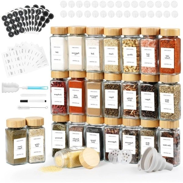 Allecto plus - Kruidenpotjes van glas (12 stuks) voor in de keuken - inclusief deksels, etiketten en accessoires