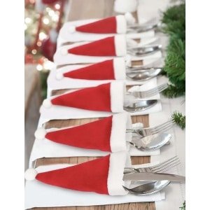 Bestekhouder - Kerst - Kerstmuts - Bestek - Set van 10 stuks - Rood - Keuken accessoires