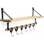 Buffel&Co Luxe Wandrek - Wandplank met Leren Bevestiging - Wanddecoratie - Kruidenrek - Keukenrek ophangbaar voor keukengerei incl. hangers - 100% Leer - Massief hout