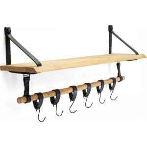 Buffel&Co Luxe Wandrek - Wandplank met Leren Bevestiging - Wanddecoratie - Kruidenrek - Keukenrek ophangbaar voor keukengerei incl. hangers - 100% Leer - Massief hout
