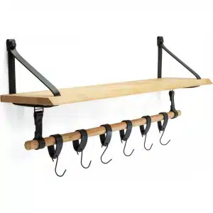 Buffel&Co Luxe Wandrek - Wandplank met Leren Bevestiging - Wanddecoratie - Kruidenrek - Keukenrek ophangbaar voor keukengerei incl. hangers - 100% Leer - Massief hout