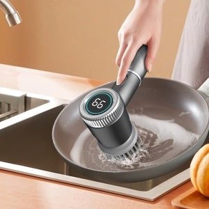 CHIWIN Elektrische Schoonmaakborstel met LED-display - Waterbestendig Schrobborstel Draadloos - 5 Borstels - 3 Reinigingsstanden - 1200 mAh & USB oplaadbaar - voor Badkamer en Keuken - Grijs