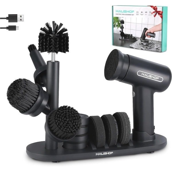 Elektrische Reinigingsborstel met 7 Borstelkoppen en Messenslijper - Draadloze Schrobber met LCD-scherm en 3 Snelheden voor Badkamer en Keuken