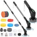 Elektrische Reinigingsborstel met Steel - Elektrische Scrubber met Verwisselbare Borstelkoppen - 3 Snelheden - Ideaal voor Badkamer en Keuken - Zwart schrobber met steel