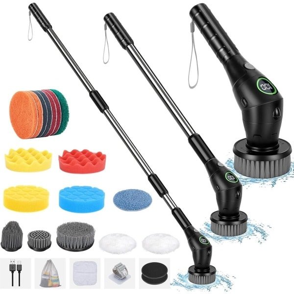 Elektrische Reinigingsborstel met Steel - Elektrische Scrubber met Verwisselbare Borstelkoppen - 3 Snelheden - Ideaal voor Badkamer en Keuken - Zwart schrobber met steel