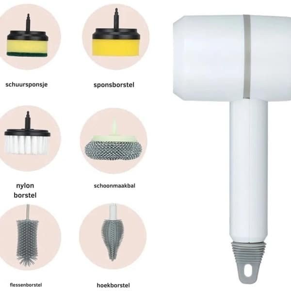 Elektrische Schoonmaakborstel - Hand Schrobber - Schoonmaak borstel elektrisch - Oplaadbaar - Schrobborstel - Schrobmachine - Poetsmachine met 6 opzetstukken - Voor badkamer of keuken - Wit