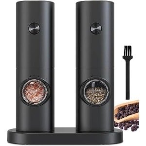 Elektrische zout- en pepermolenset op batterijen, automatische maalmolen met LED-verlichting, 5 verstelbare grofheidsniveaus, zwarte pepermolen met standaard voor keuken en restaurant