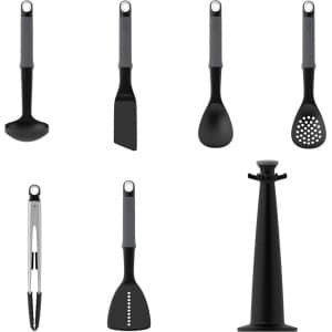 Elevate Keukengerei & Keuken Gadgets Set 6 Stuks met roterende houder, ergonomische Siliconen Handgrepen, anti-aanbak kop, Grijs