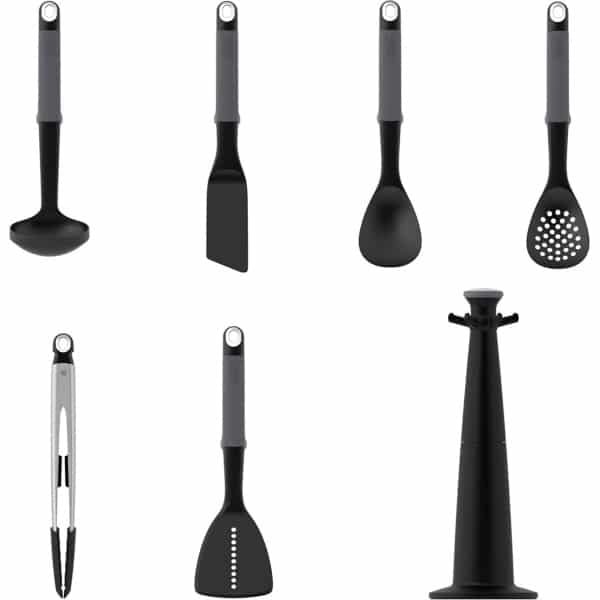 Elevate Keukengerei & Keuken Gadgets Set 6 Stuks met roterende houder, ergonomische Siliconen Handgrepen, anti-aanbak kop, Grijs
