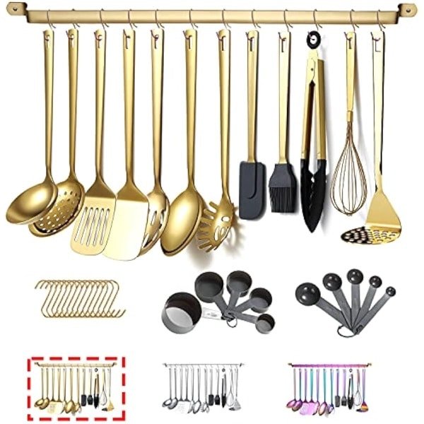 Goud kookgerei set, roestvrij staal 37-stukken keukengerei set met titanium goud plating, keuken gadgets kookgerei set, keuken gereedschap set met keukenhouder Non-Stick en hittebestendig.Vaatwasser veilig, gemakkelijk schoon te maken