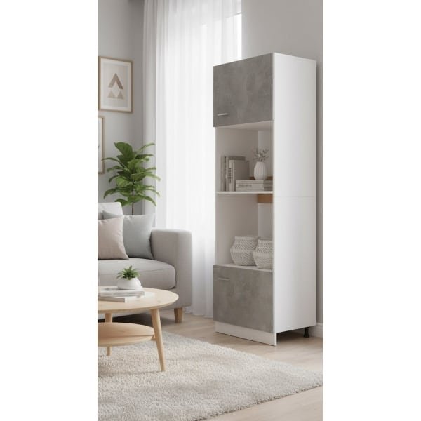 Industrial Home Magnetronkast Keukenkast Opbergkast - Hoge Keuken Opslagkast met Deuren en Planken - Modern Keukenmeubel in Betongrijs - Spaanplaat - 60x57x207 cm - Duurzame Vloermontage Kast voor Oven, Magnetron & Accessoires