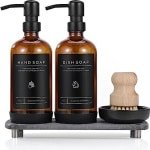 Keuken Zeepdispenser Set - 16oz Amber Glazen Fles met Roestvrijstalen Pomp en accessoires voor een stijlvolle keuken