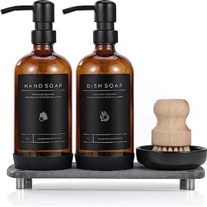 Keuken Zeepdispenser Set - 16oz Amber Glazen Fles met Roestvrijstalen Pomp en accessoires voor een stijlvolle keuken