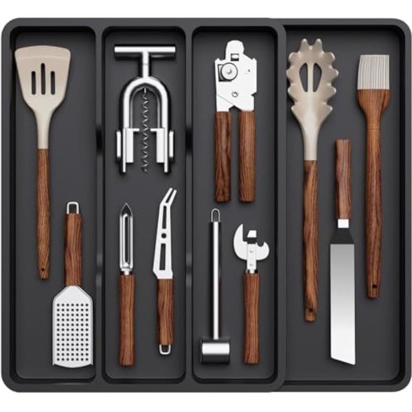 Keukengerei Lade Organizer, Uitbreidbaar Bestekbak voor Keuken, Verstelbaar Koken Zilverwerk Bestek Houder, Plastic Keuken Spatel Hulpmiddelen en Gadgets Opbergvak, 4 Vakken Zwart