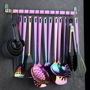 Kyraton Regenboog Kookgerei Set - 37 stuks Roestvrij Staal Titanium Keukengerei - Keuken Gadgets - Keukengereedschap - Keukenhouder - Non-stick - Hittebestendig - Vaatwasser veilig - Gemakkelijk schoon te maken