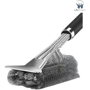 LifeStages - BBQ Borstel - 3 in 1 Grillborstel met Lange Steel Schoonmaakborstel En Schraper - Roestvrij Staal - BBQ Gereedschap - Barbecue Accessoires - 360 Graden - Grillrooster Reinigen - Keuken - Tafelgerei