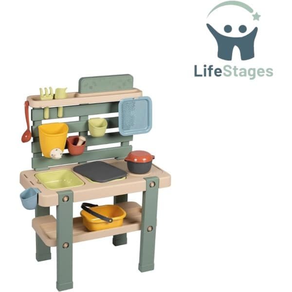 LifeStages - Modderkeuken - Modderkeuken-Speelset voor in de Keuken - Buitenkrukje - 11 Accessoires - UV-Bestendig - Gerecycled Materiaal - Vanaf 3 Jaar