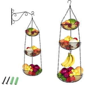 Metalen fruitmand met 3 verdiepingen - hangend met haken - zwart ijzer - keuken accessoire voor fruit, brood en groenten