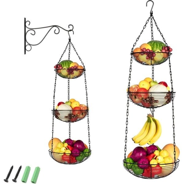 Metalen fruitmand met 3 verdiepingen - hangend met haken - zwart ijzer - keuken accessoire voor fruit, brood en groenten