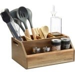 Navaris bestekbak en keukengerei houder - Met verplaatsbare tussenschotten - 5 grote vakken - 30 x 20 x 13 cm - Voor keuken accessoires - Acacia hout
