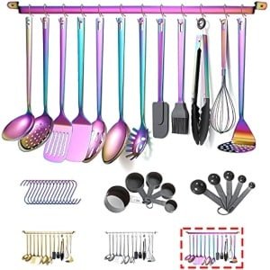 Regenboog kookgerei Set, roestvrij staal 37-stukken keukengerei set met titanium regenboog plating, keuken gadgets kookgerei set, keuken gereedschap set met keukenhouder non-stick en hittebestendig.Vaatwasser veilig, gemakkelijk schoon te maken