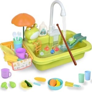 S&Dshopline® Speelgootsteen voor kinderen, keukenspoelbak, speelgoedset met watercircuit, 2-in-1 elektrische kraan, drijvend visspeelgoed, schort, speelgoedaccessoires, keuken, rollenspel voor kinderen