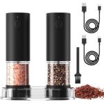Sander Shop Elektrische zout- en pepermolenset, oplaadbaar, zwarte pepermolen met basis, verstelbaar, led-licht voor BBQ, restaurant, keuken