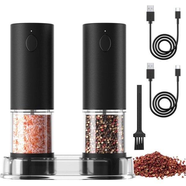 Sander Shop Elektrische zout- en pepermolenset, oplaadbaar, zwarte pepermolen met basis, verstelbaar, led-licht voor BBQ, restaurant, keuken