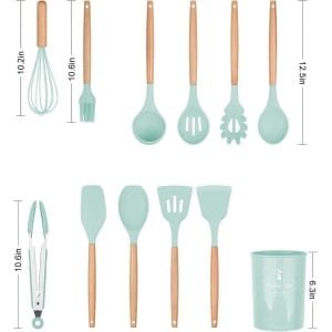Siliconen Kookgerei Keukengerei Set, 12 Stuks Natuurlijke Houten Handgrepen Koken Tool Bpa Gratis Niet Giftige Siliconen Turner Tang Spatel Lepel Keuken Gadgets Gebruiksvoorwerp Set (Lichtgroen)