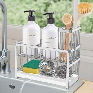 Spoelbak Organizer met Zeepbakje, Sponshouder, Borstelhouder - Keuken Gootsteen Opbergrek - Nette Caddy voor Afwassen - Keuken Accessoires Organizer met 2 Tiers - Zilverkleurig