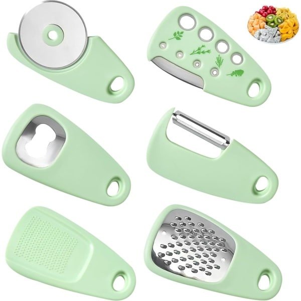 TOATELU Keuken Gadgets Set van 6: Camping Accessoires ink Pizzasnijder Fruitschiller Kruidenstripper Opener Molen en rasp, Draagbare Camping Gadgets, Draagbare Keuken Gadgets (Groen)