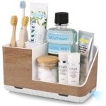 Tandenborstelhouder voor badkamerorganizer, elektrische tandenborstelhouder met afvoergat, verwijderbare tandenborstelorganisator voor badkamer, keuken en gezin (houtnerf)