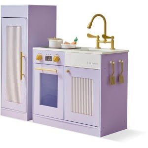Teamson Kids Keuken Little Chef Chester paars met koelkast, fornuis, 12 accessoires, planken en haken, stimuleert creativiteit en samenwerking