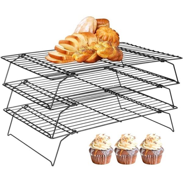 Thelau - - Afkoelrooster 3 etages antiaanbaklaag keuken accessoires roestvrij staal 40 x 25 cm - Rooster stapelbaar taart muffin pizza cupcakes grillen