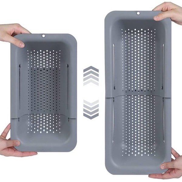 Uitschuifbaar Boven de Gootsteen Vergiet Zeef Mand - Voor Groente, Fruit en Pasta - Keuken Accessoire in Grijs (7,9 W x 14,5-19,5 L x 2,75 H)