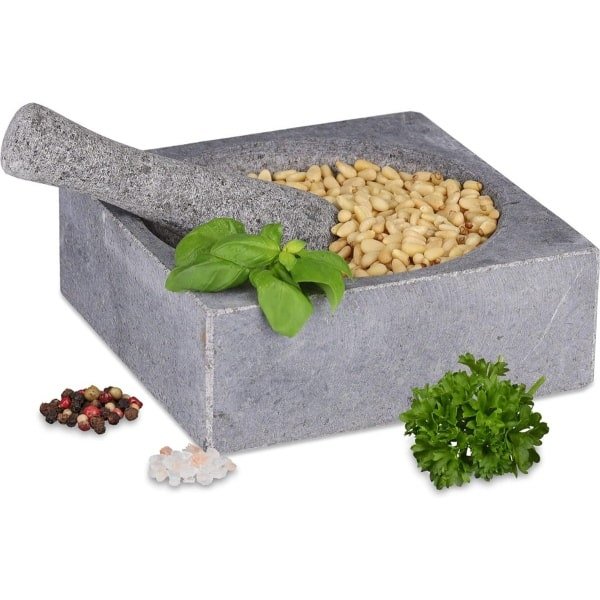 Vijzel met Stamper - Voor Kruidenmixen - Voor Specerijen - Keuken Accessoires - 18,5 x 18,5 x 6,5 cm - Graniet Zilver