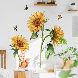 Vintage Zonnebloem en Eekhoorn Muurstickers voor Woonkamer, Slaapkamer en Keuken - Tuin Bloemen Thema - Decoratie voor Muur - Kwekerij Accessoires