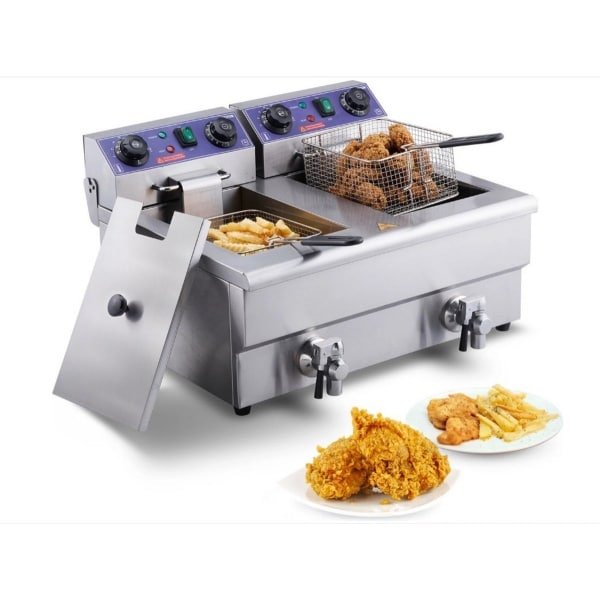 WNHB® Elektrische Dubbele Friteuse 24L - Commerciële Frituurpan 3000W - Met Thermostaat Voor Friet Kip Snacks - Horeca Keuken RVS