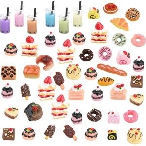 53 stuks 1/12 miniatuur levensmiddelen poppenhuis accessoires, inclusief hars cake, brood, ijs, donuts en dranken, miniatuur keukenaccessoires, poppenhuis keuken speelhars mini eten
