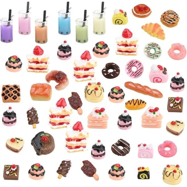 53 stuks 1/12 miniatuur levensmiddelen poppenhuis accessoires, inclusief hars cake, brood, ijs, donuts en dranken, miniatuur keukenaccessoires, poppenhuis keuken speelhars mini eten