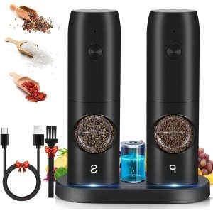 Automatische Elektrische Zout- en Pepermolenset - Set van 2 - USB-Oplaadbaar - 5 Niveaus Instelbare Grofheid - LED-Licht - Eénhandige Bediening voor Keuken en Restaurant